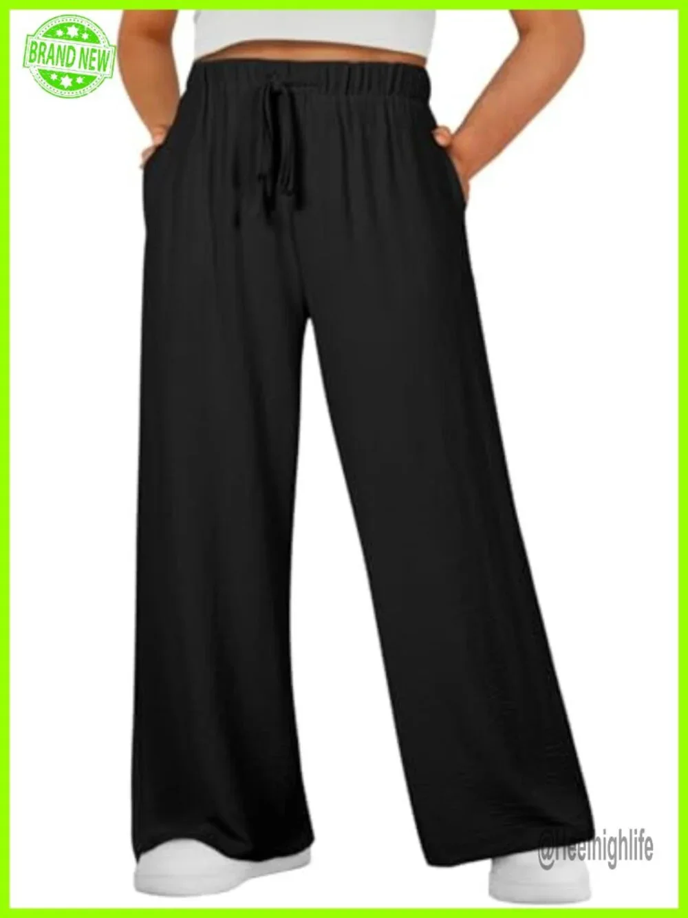 Women's Plus Size High Waist Drawstring Wide Leg Trousers with Pockets